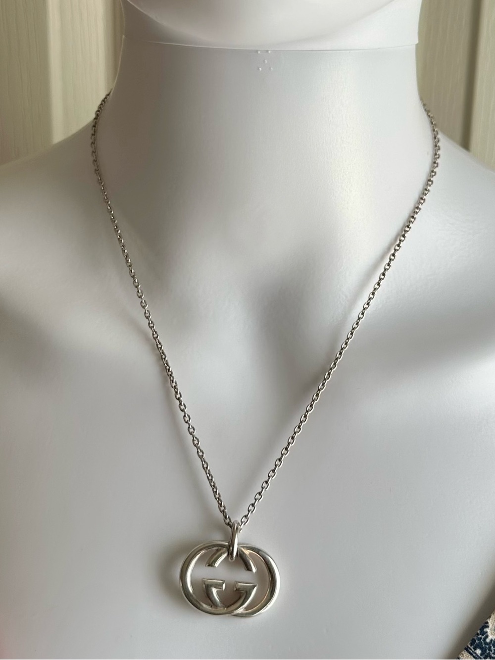 Authentic Gucci Sterling Silver Double G Interlocking Pendant Necklace